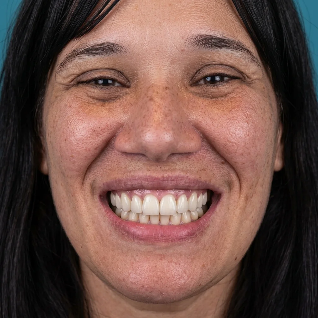 Antes y después de coronas de porcelana en dientes frontales Después